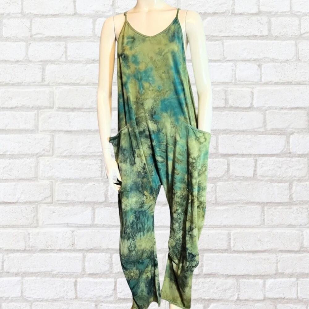 SOLD Hand Dyed Green Tie Dye Romper Small Batch Ice Dyed Harem Hot Shot Festival